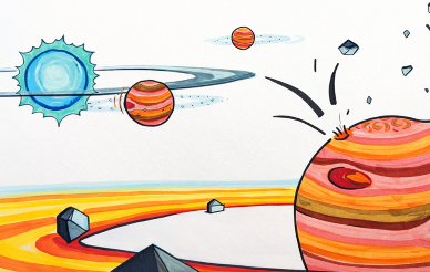 Drawing of gas giant planet being bombarded by meteorites